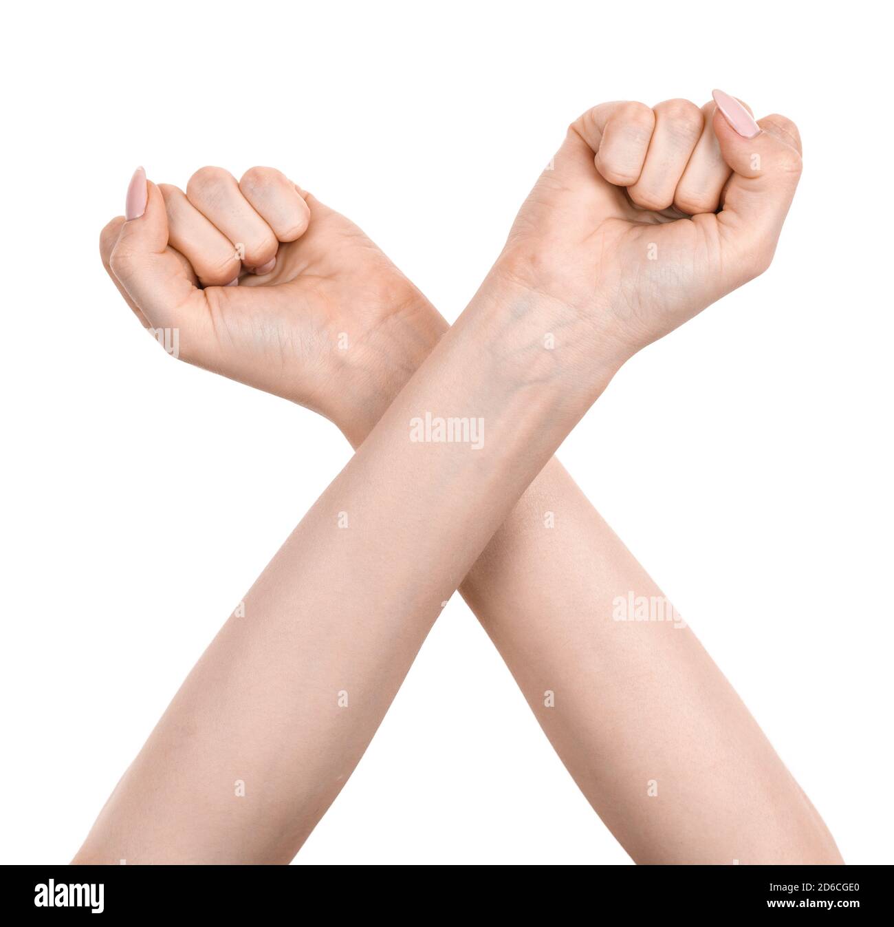 Female caucasian hands  isolated white background showing  gesture clenched fist. woman hands showing different gestures Stock Photo