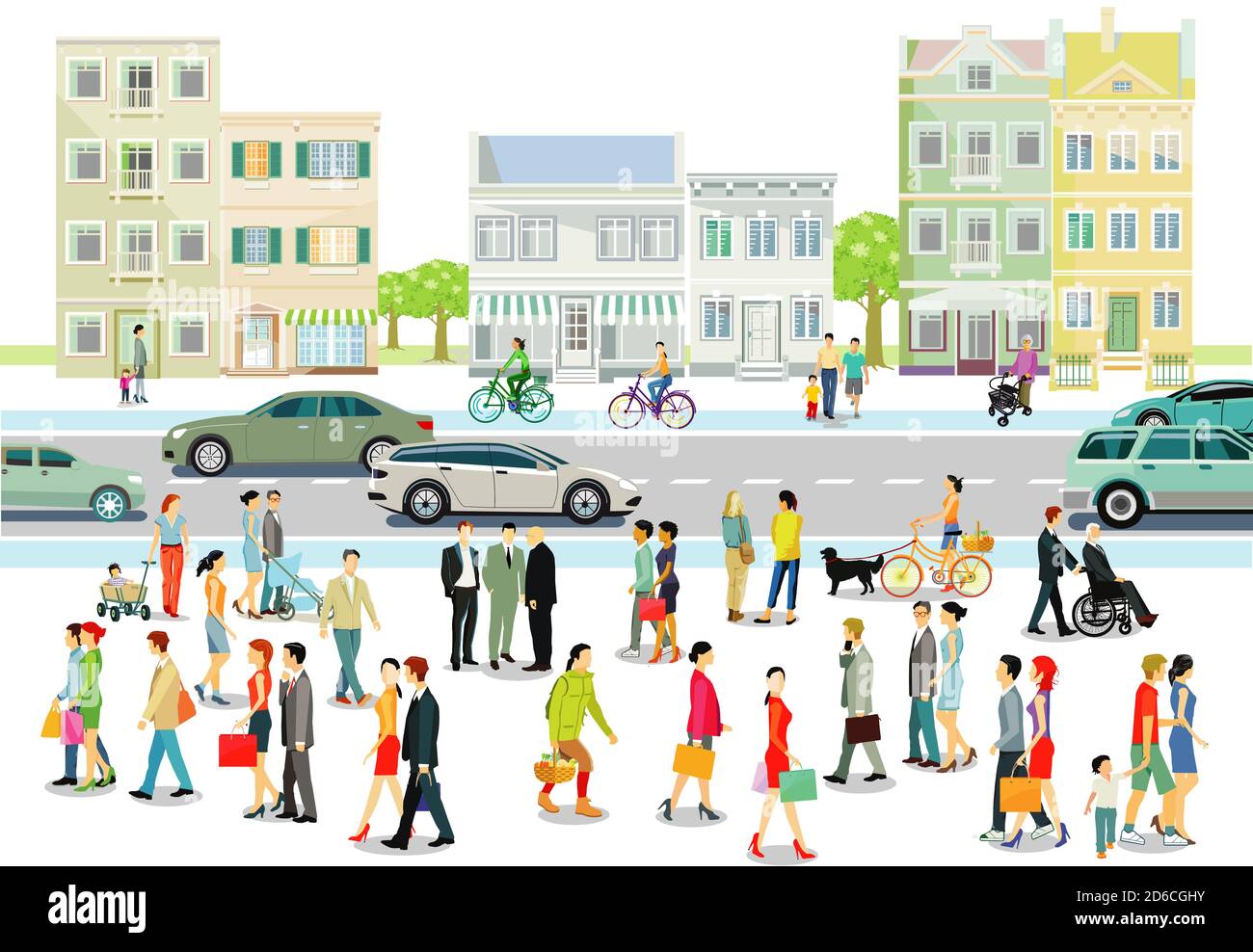 City with people and road traffic, illustration Stock Vector Image ...