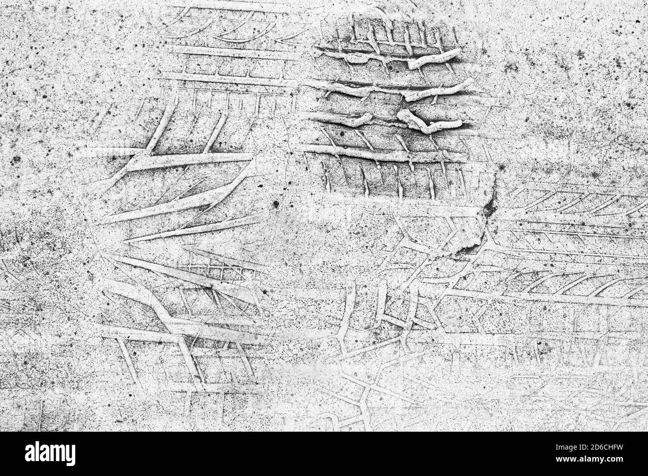 White road marking with imprinted tire tracks, top view. Transportation background photo texture Stock Photo