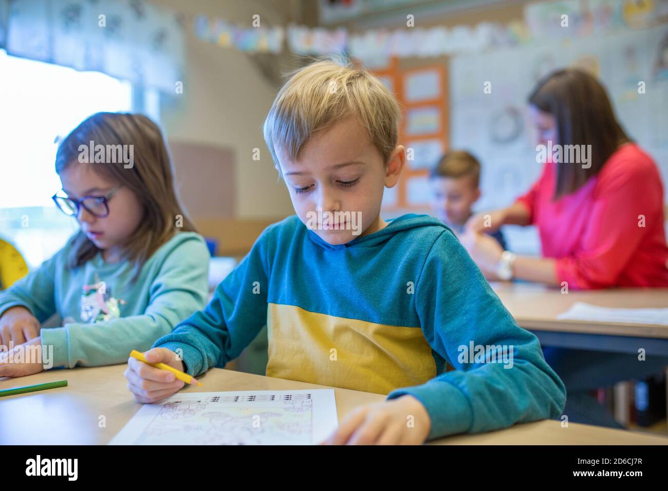 Boy in classroom Stock Photo