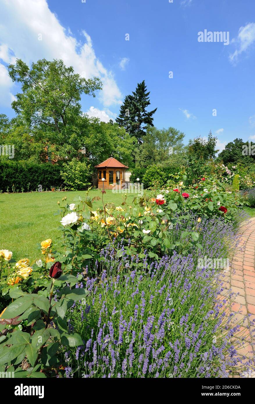 Beautiful garden with blooming roses, brick path and a small gazebo ...