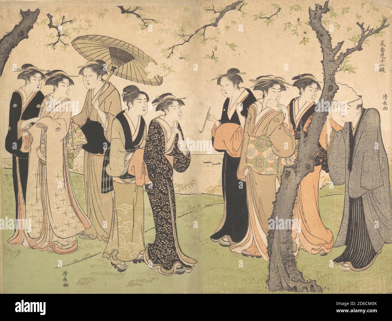 Group of Six Geisha Under the Cherry Trees on Gotenyama, ca. 1785. Stock Photo