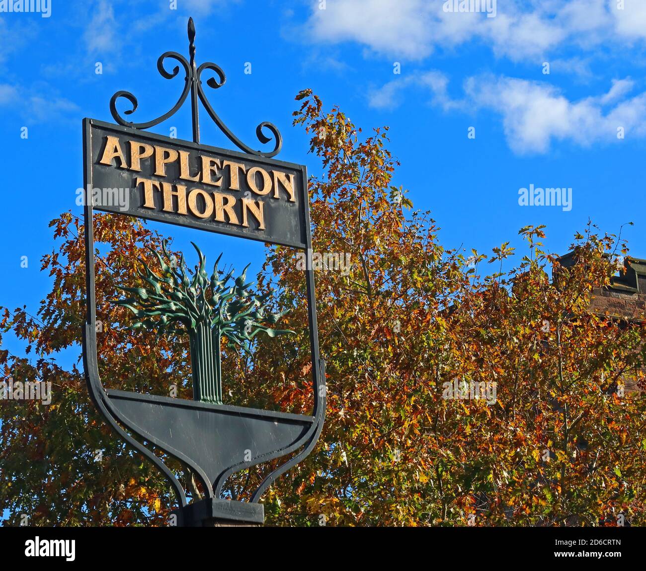 Appleton Thorn Village sign, Lumb Brook Road, Grappenhall Lane, Appleton Thorn, Warrington, Cheshire, England, UK, WA4 4QX Stock Photo