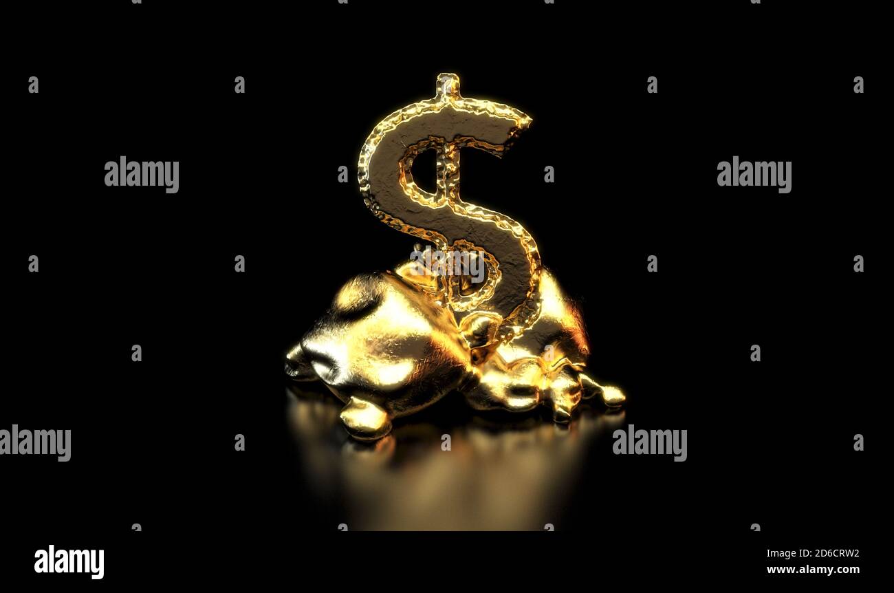 A lump of gold chiselled out to form a dollar shape propped up by a stand of rough rocks on an isolated dark background - 3D render Stock Photo