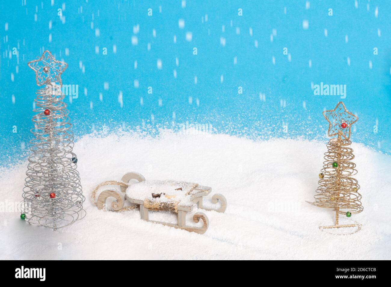 Christmas sleigh of santa claus with snow and trees. Funny christmas background for invitations. Stock Photo
