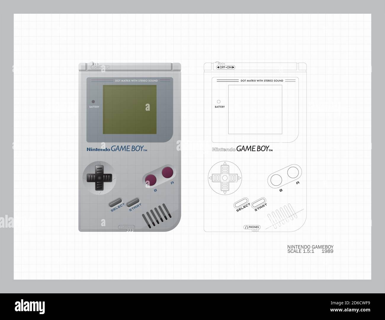 A technical mechanical line drawing in isometric and orthographic  projection of a vintage 1989 nintendo gameboy console on a white background  Stock Photo - Alamy