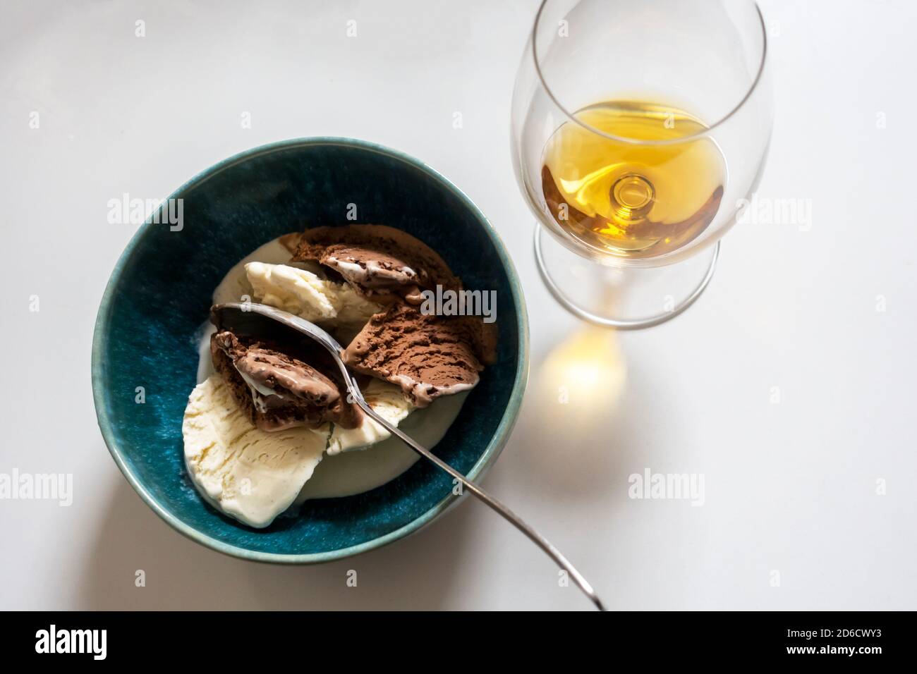 Chocolate and vanilla ice cream and a sniffer of brandy Stock Photo Alamy