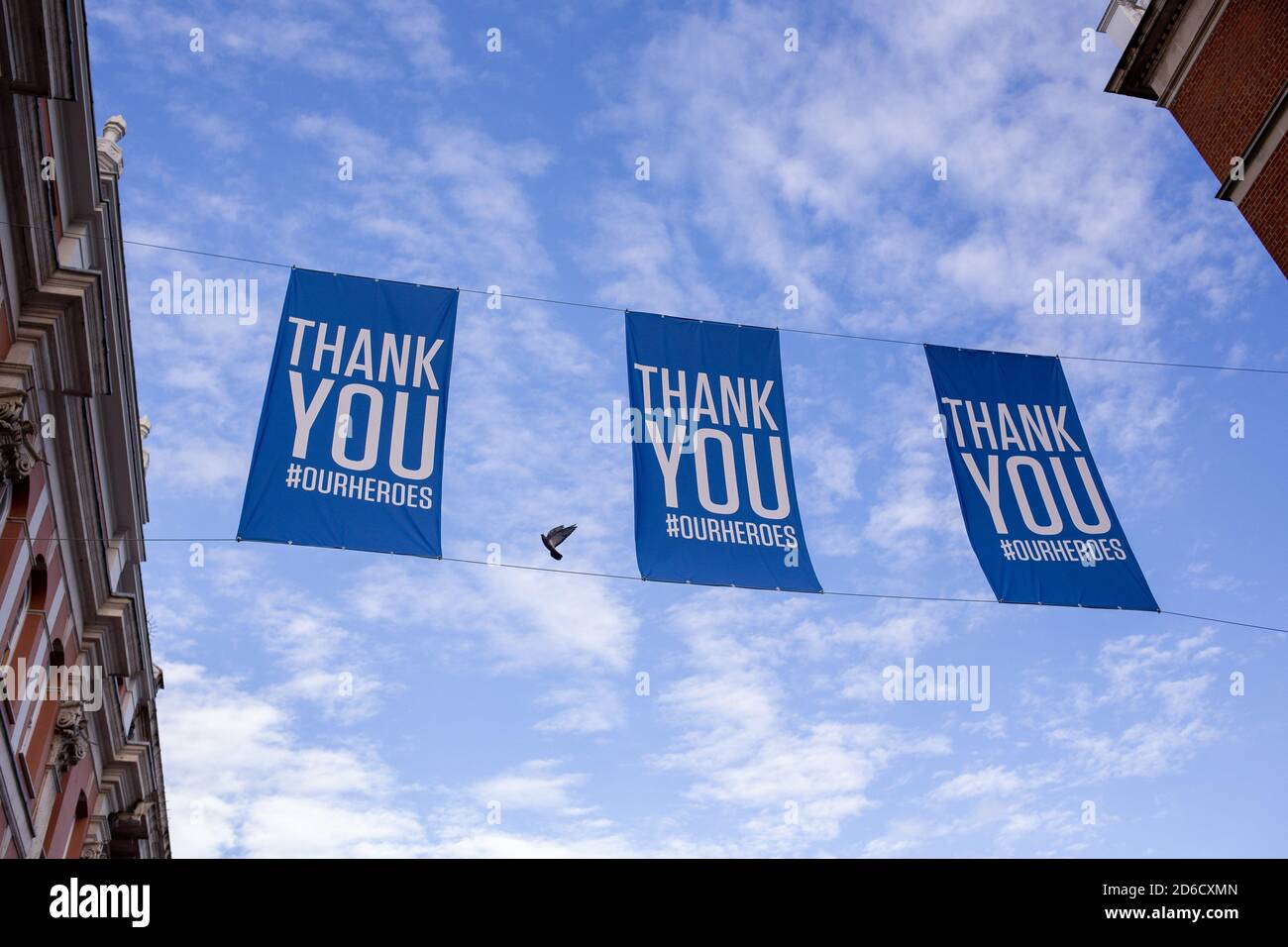 Three large banners saying thank you #ourheroes over the street at Covent Garden in central London which were erected as a thank you to the healthcare Stock Photo