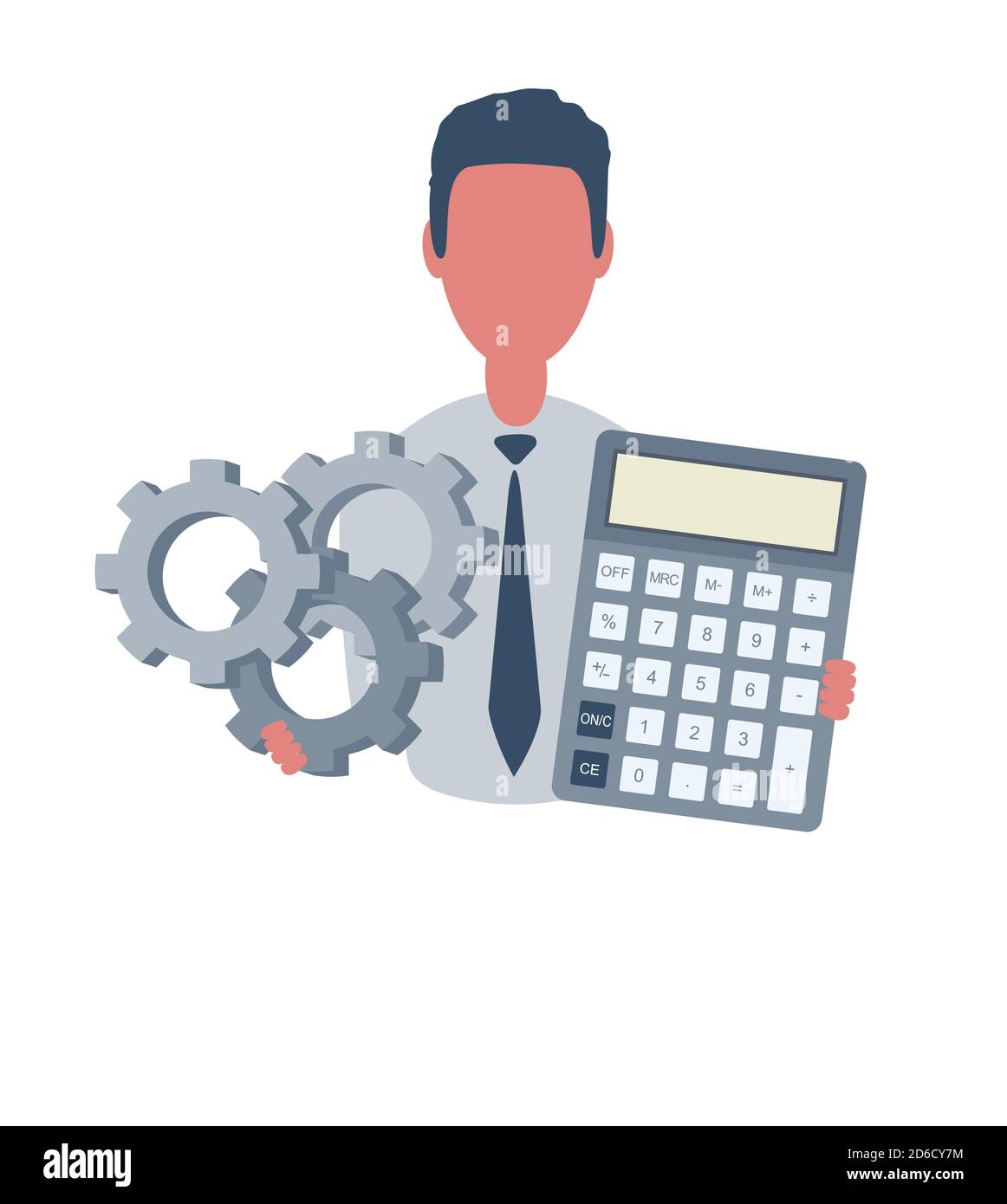 Businessman or clerk holding a calculator and a gears. Male character in simple style, flat vector illustration. Business concept. Isolated on Stock Vector