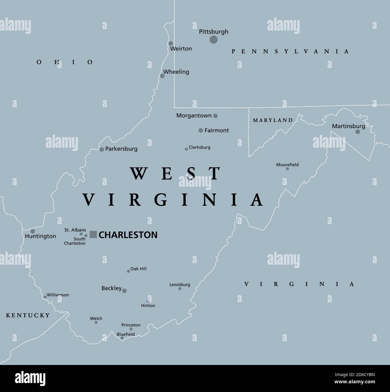 West Virginia, WV, gray political map. State in the Appalachian region of the Southern United States and in the Mid-Atlantic Southeast Region. Stock Photo