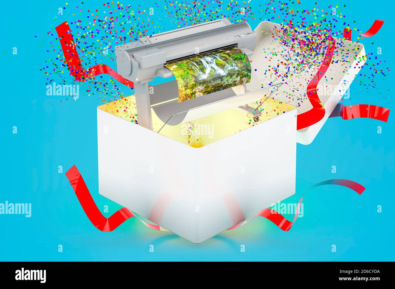 Large format inkjet printing. Plotter inside gift box, 3D rendering on blue background Stock Photo