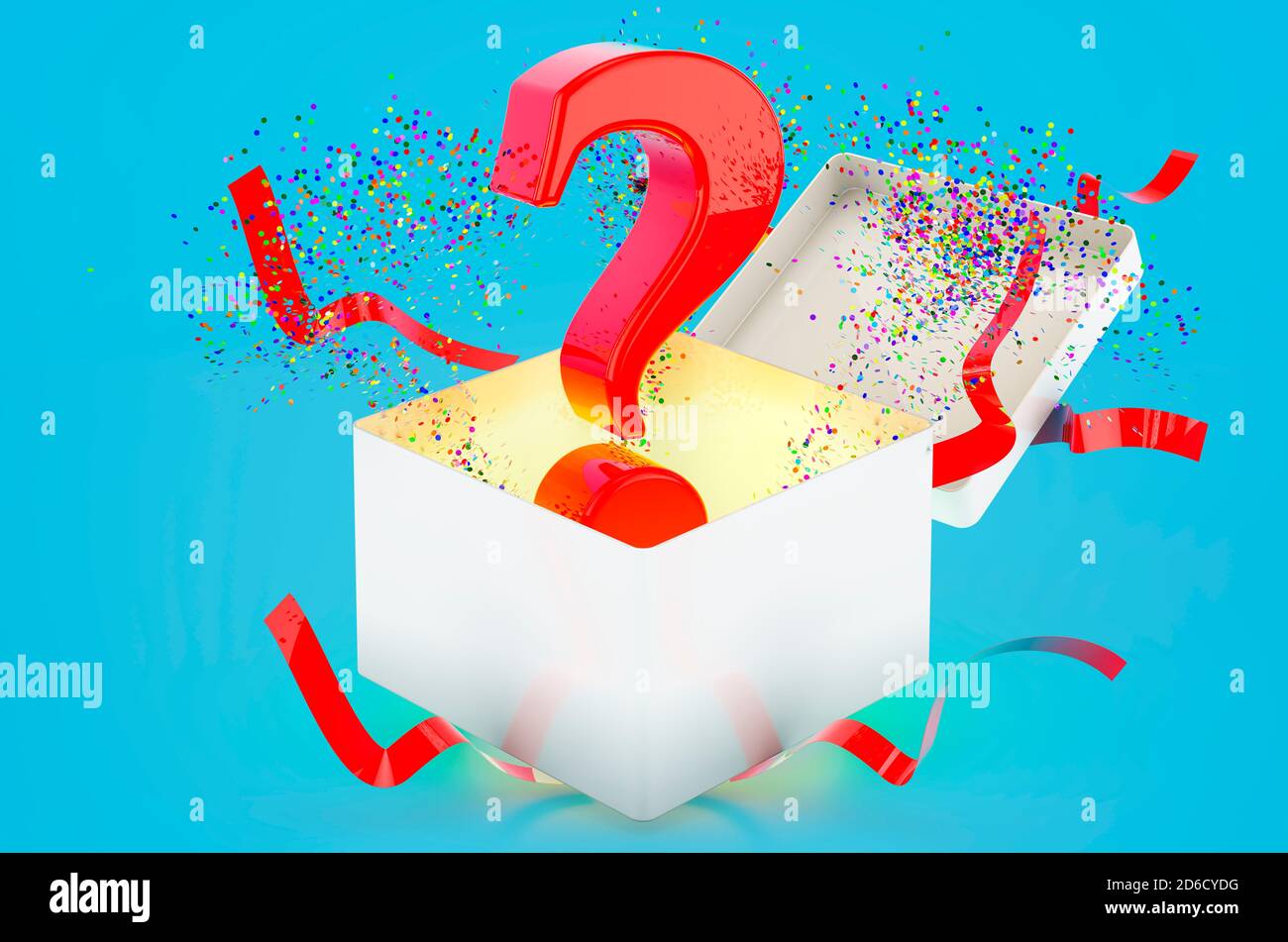 Question mark inside gift box, 3D rendering on blue background Stock