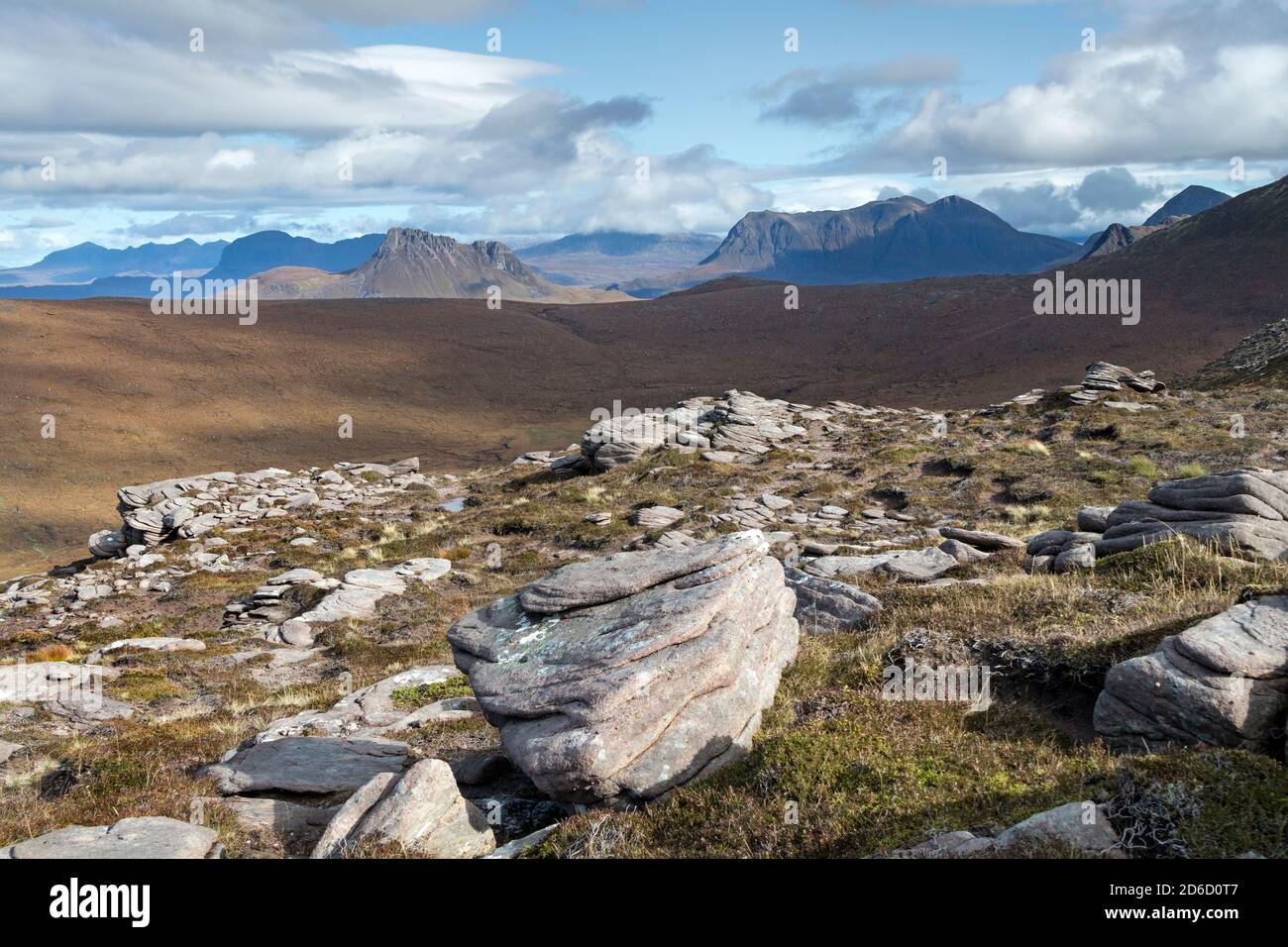 Suilven, Stac Pollaidh and Cull Mor Dominating the View from the Slopes of Cairn Conmheall, Coigach Peninsula, Wester Ross, Highlands of Scotland Stock Photo