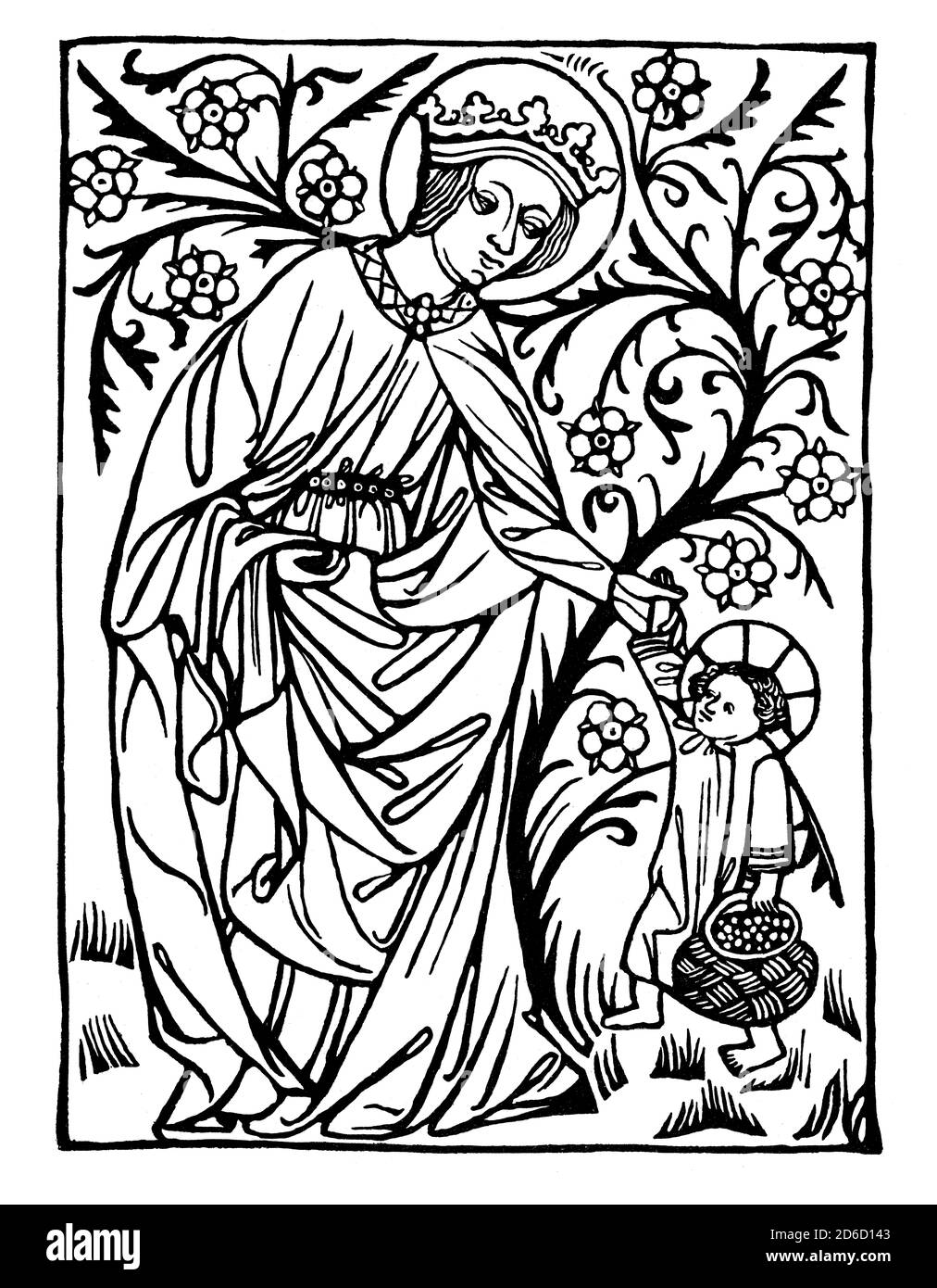 Saint Dorothy, Dorothea of Caesarea with the Christ-child, wood engraving, 1410 Stock Photo