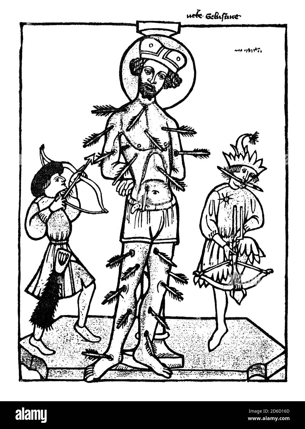Saint Sebastian, wood engraving, 1410 Stock Photo
