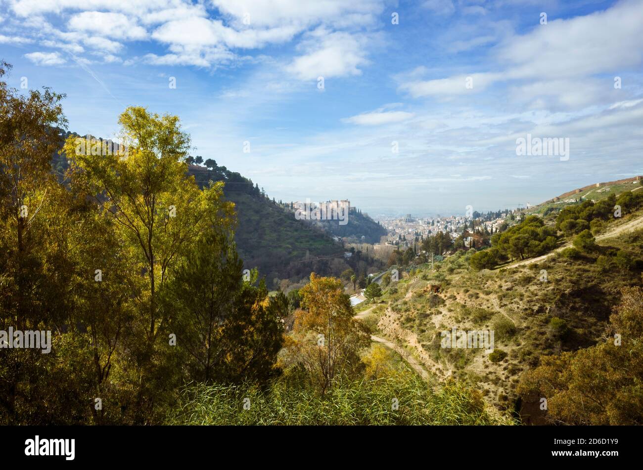 Granada, Spain : Valparaiso valley as seen from the Sacromonte Abbey with the Alhambra and Granada city in background. Stock Photo
