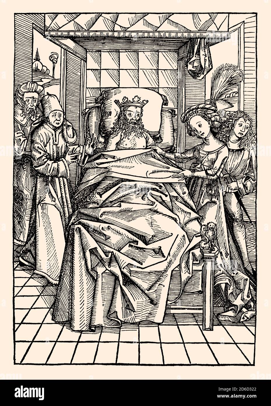 King David And Abishag, Anton Koburger, Wood Engraving, 1491 Stock 