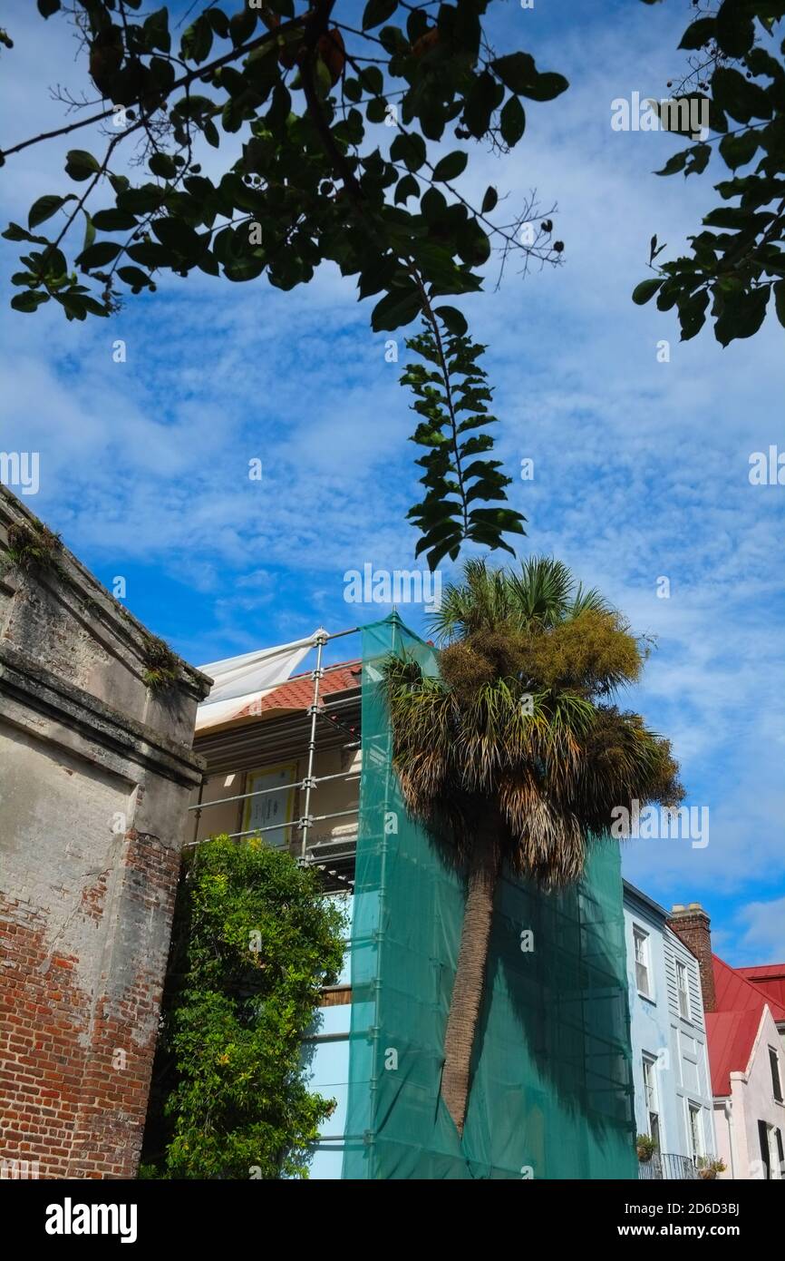 Urban Garden, Halloween, Fountain,, Construction, Huguenot Church, Cemetery, Pumpkin in Window, Pun with Vegetables. Stock Photo