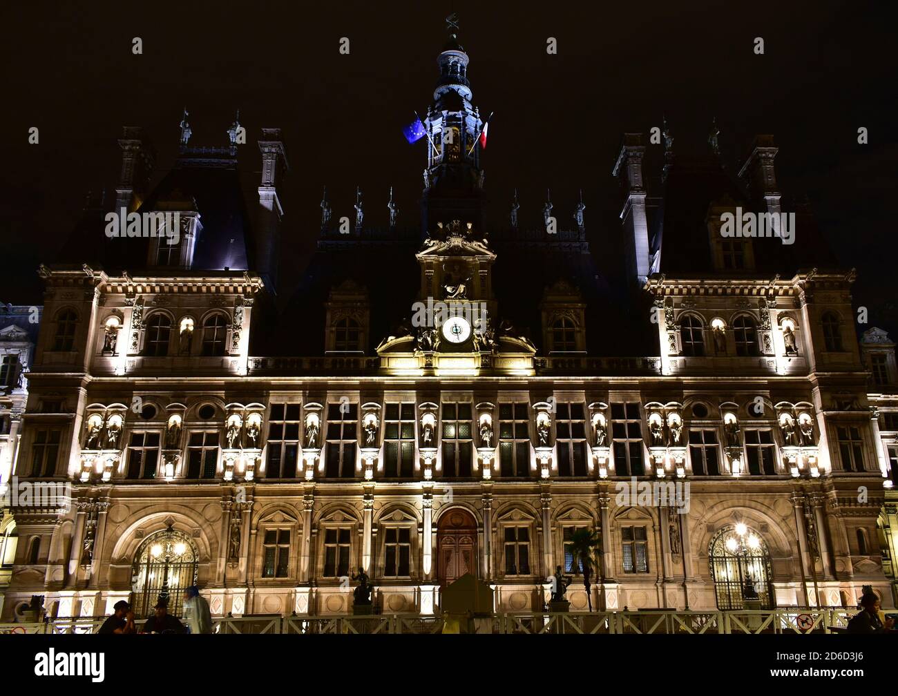 Paris, France. Aug 11, 2019. Hotel de Ville or City Hall at night ...