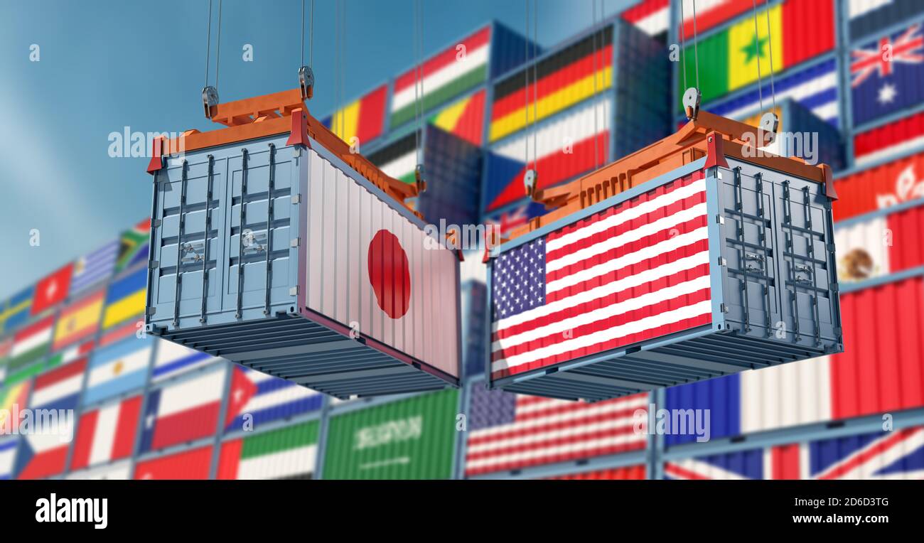 Freight containers on a Terminal with Japan and USA flag. 3D Rendering