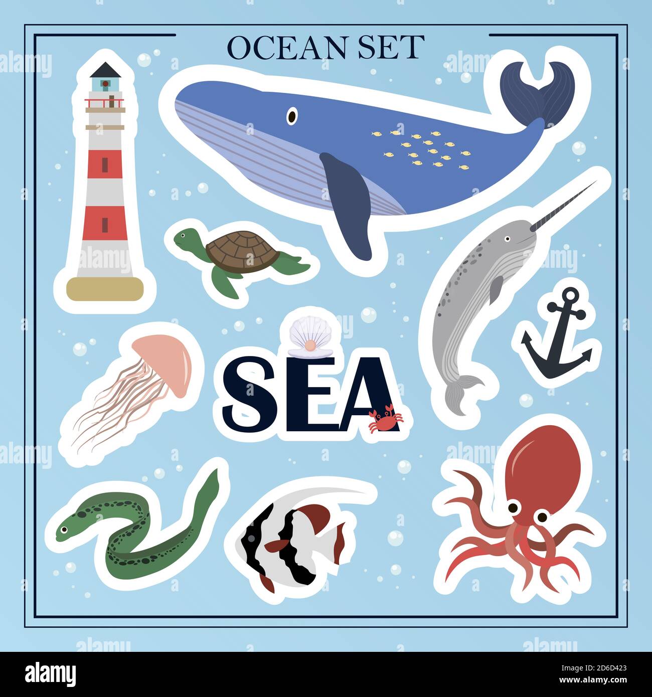 A set of flat sea animals. Marine life, animals, plants, sunken objects, ship, anchor, calligraphy. Designer set of cartoon vector illustrations on a white background. Design for books, web, children, banner, training A set of flat sea animals. Marine life, animals, plants, sunken objects, ship, anchor, calligraphy. Designer set of cartoon vector illustrations on a white background. Design for books, web, children, banner, training