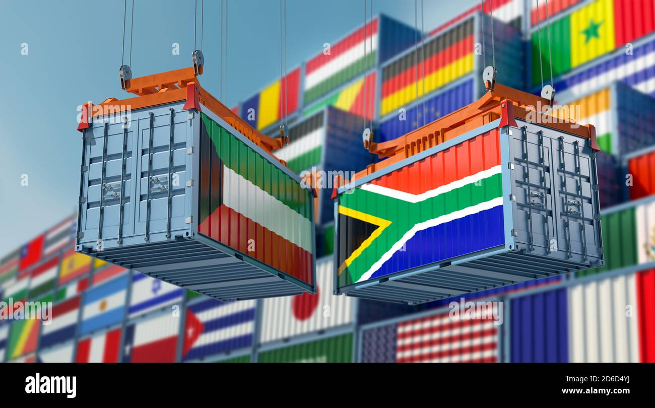 Freight containers on a Terminal with South Africa and Kuwait flag. 3D