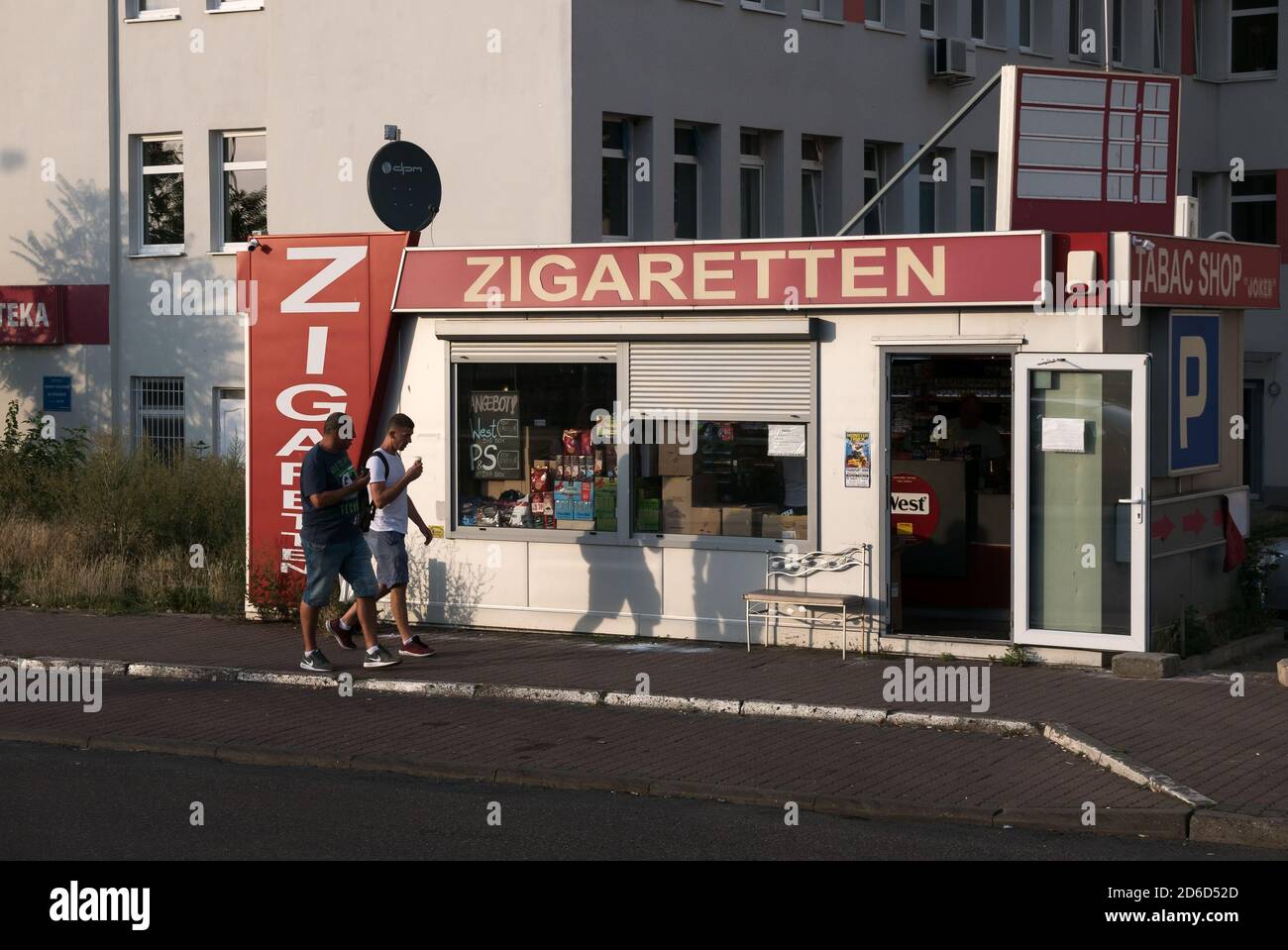 21.07.2018, Slubice, Lubuskie, Poland - Cigarette store specialized for German customers near the border crossing to Frankfurt/Oder in Germany. 00A180 Stock Photo
