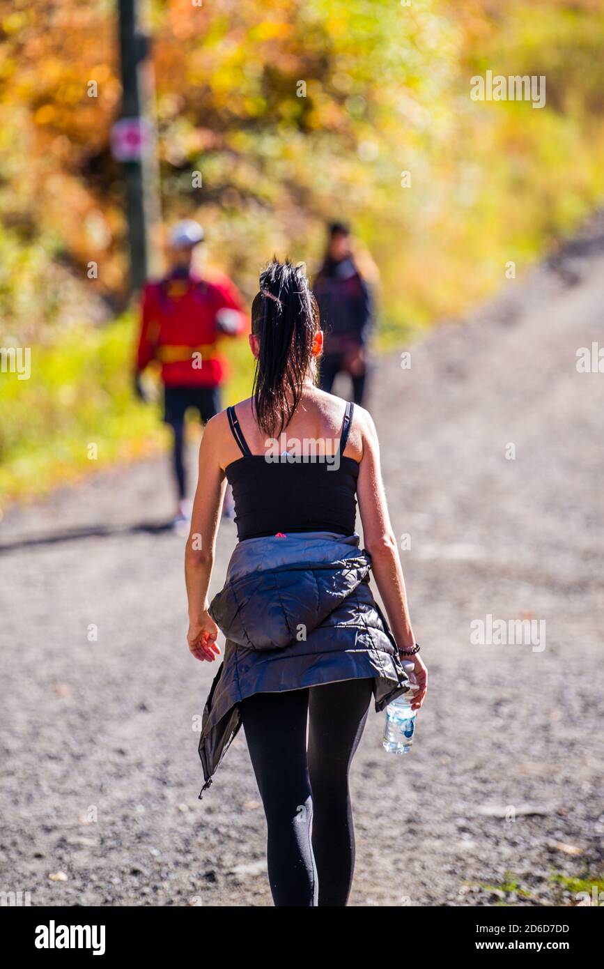 Bromont, Canada - Oct. 11 2020: People hiking on Bromont mountain in autumn quebec Stock Photo
