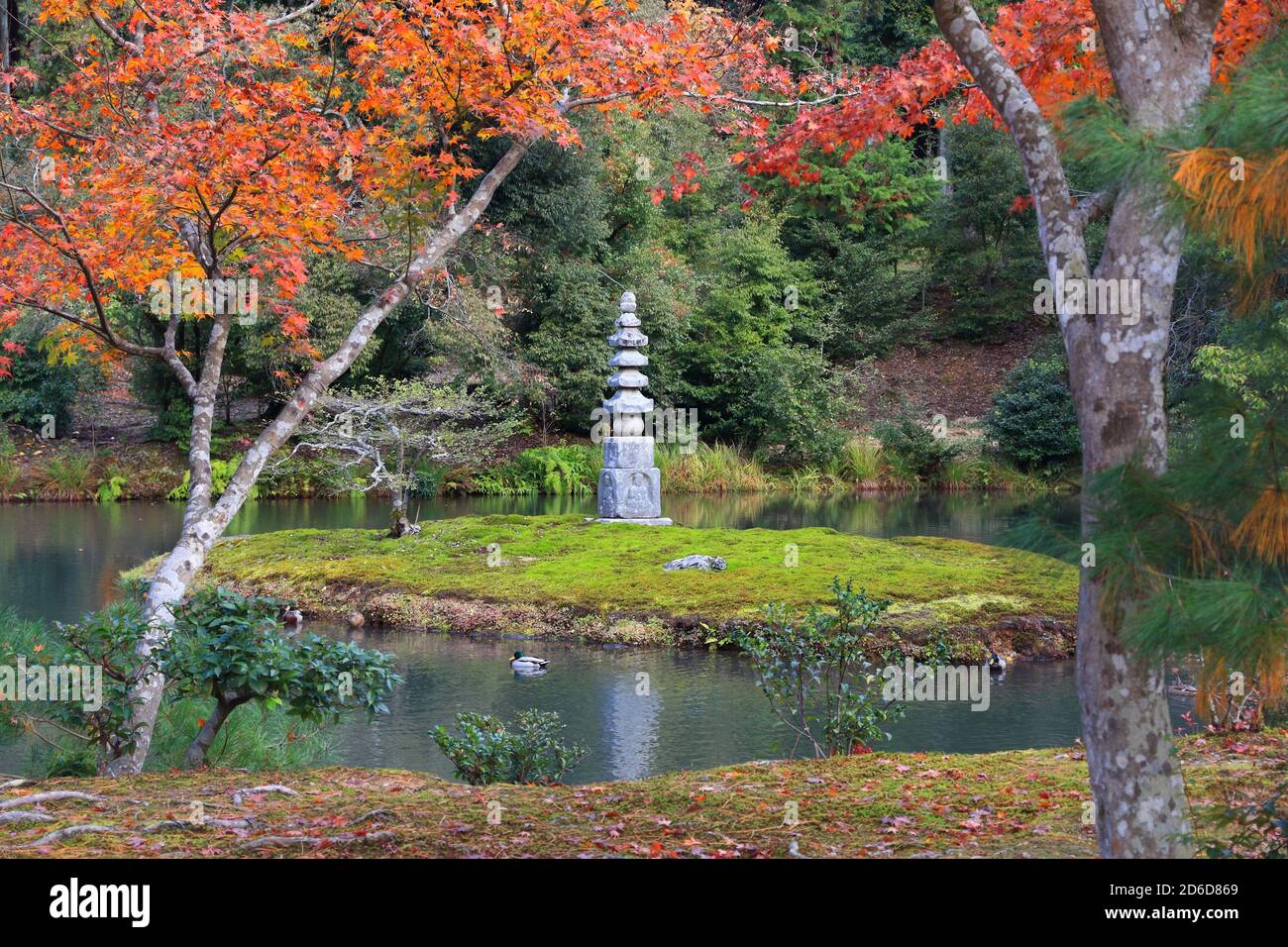 Autumn colors of Kinkakuji Gardens in Kyoto, Japan. UNESCO World Heritage Site. Stone pagoda on a moss island. Stock Photo