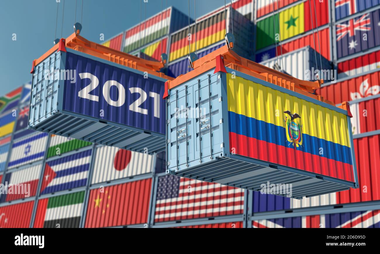 Trading 2021. Freight container with Ecuador flag. 3D Rendering Stock
