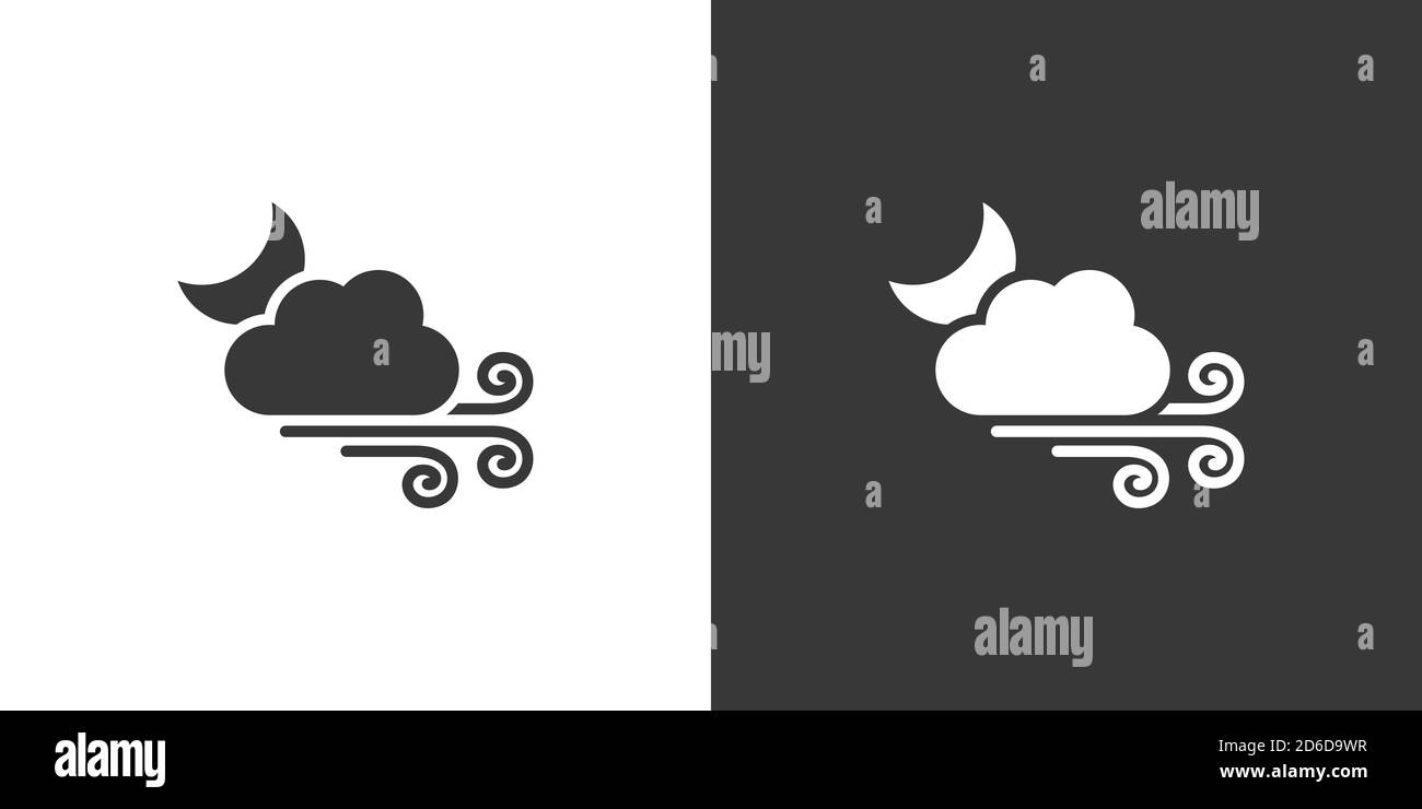 Strong wind, moon and cloud. Isolated icon on black and white ...