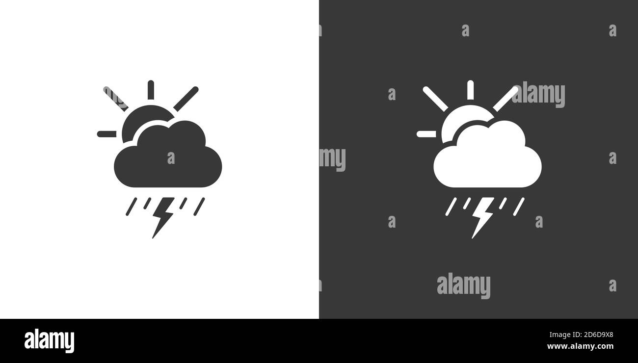 Storm and heavy rain, cloud and sun. Isolated icon on black and white ...