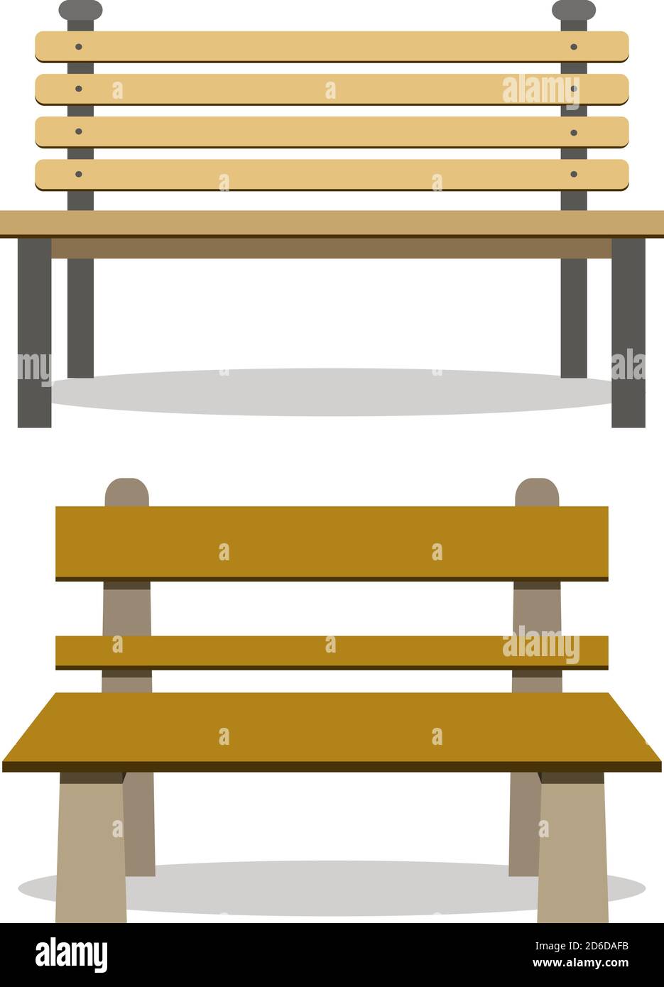 Two kinds of wooden park benches set isolated on white background. Vector illustration benches for outdoor decor and cartoon props. Stock Vector
