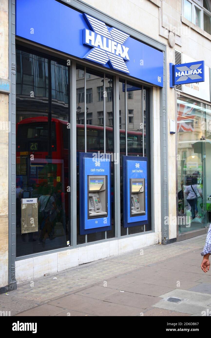 LONDON, UK - JULY 6, 2016: Cash machines of Halifax Bank in London. Halifax is part of Lloyds Banking Group, one of largest banking corporations in Eu Stock Photo