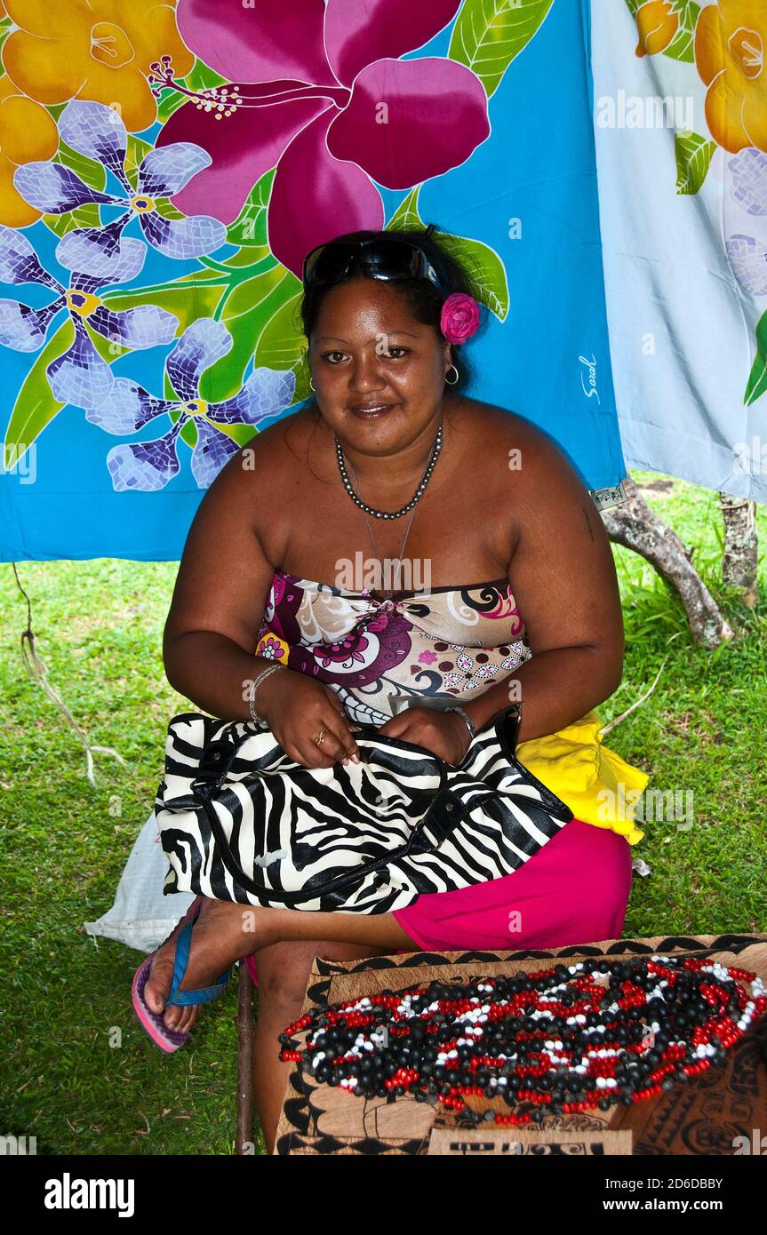 Fatu Hiva Islander with local handicrafts for sale Stock Photo