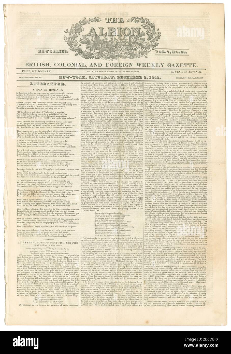 Antique newspaper, front cover of The Albion (New York) from December 2, 1848. British, Colonial, and Foreign Weekly Gazette. Front page articles are a poem “A Spanish Romance” and a “clever jeu d’esprit” titled “An Attempt to Show that Fish are the Real Lords of Creation.” SOURCE: ORIGINAL ENGRAVING Stock Photo