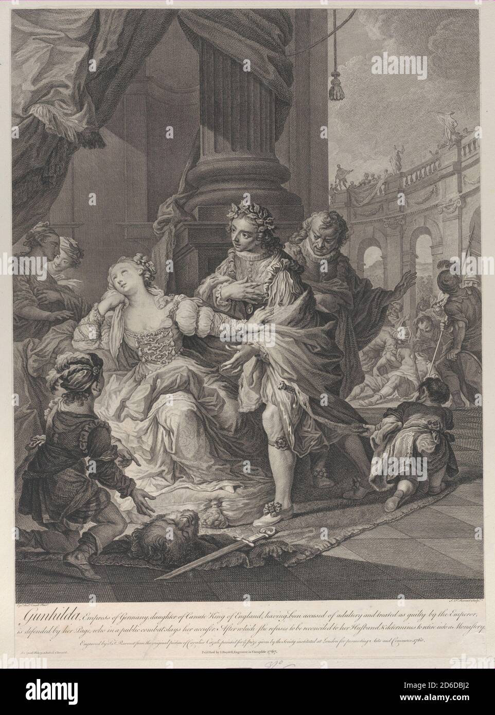 Gunhilda accused of adultery, 1760. [Gunhilda, Empress of Germany, daughter of Canute King of England, having been accused of adultery and treated as guilty by the Emperor, is defended by her Page, who in a public combat slays her accuser. After which she refuses to be reconciled to her Husband, &amp; determines to retire into a Monastery]. Stock Photo