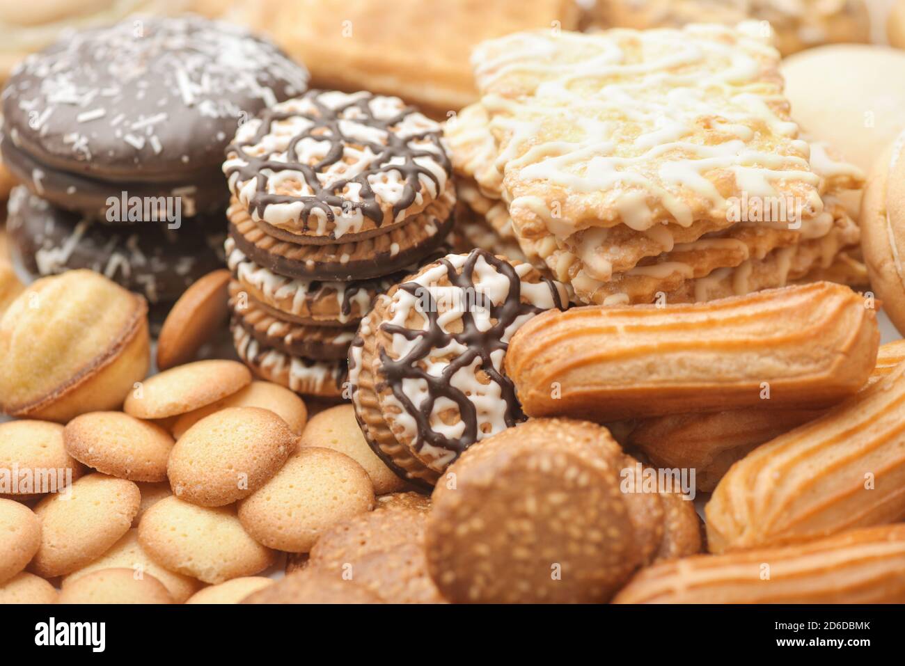 Close up of various fresh baked pastry background Stock Photo