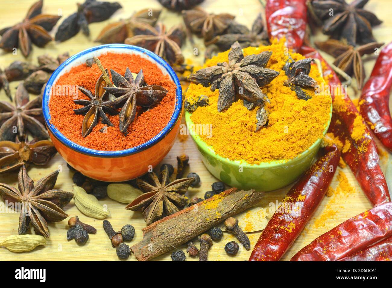 Chilli powder, turmeric powder and spices in the background. Stock Photo