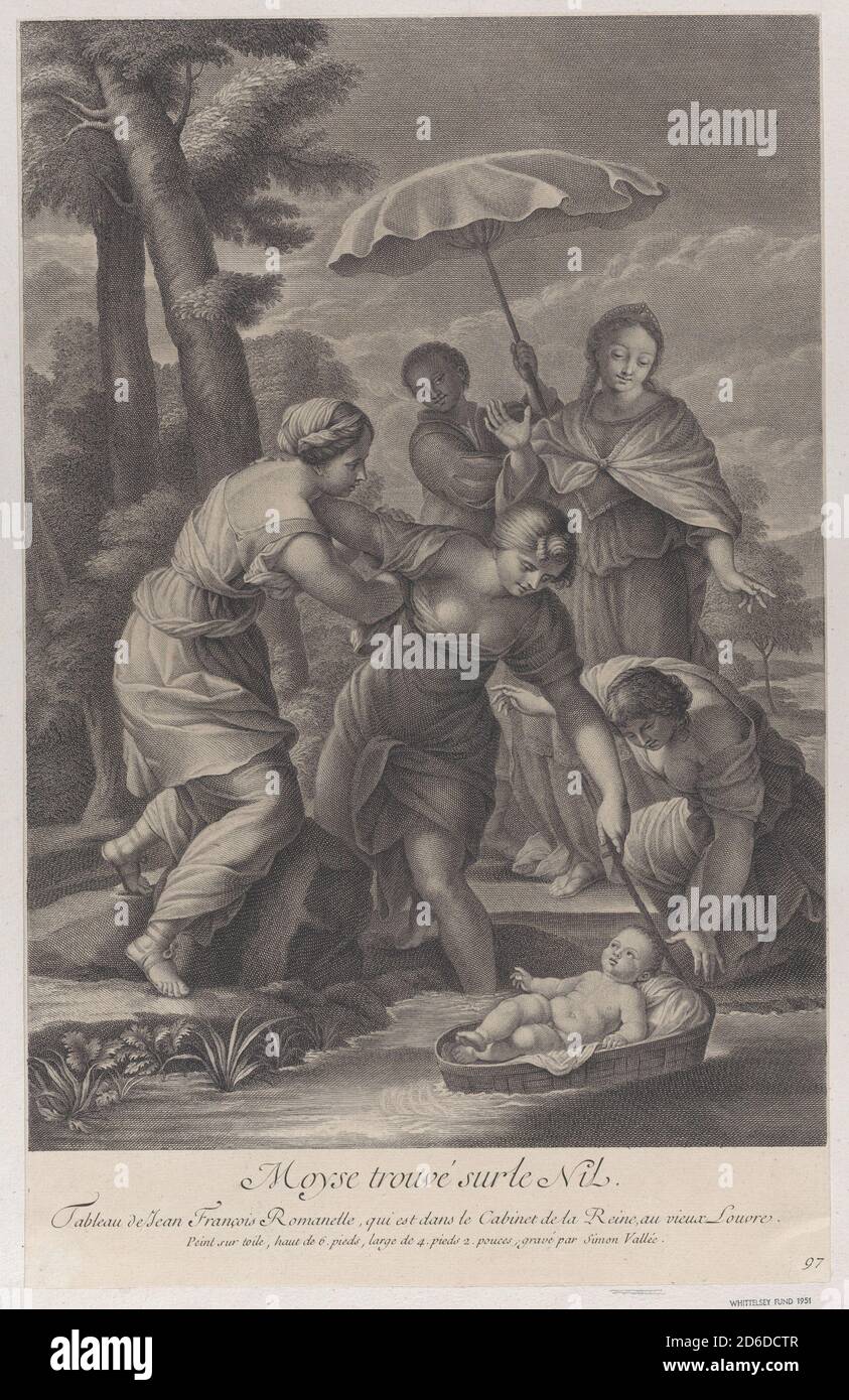 Three women pulling in the basket with the infant Moses from the water, ca. 1729. Stock Photo