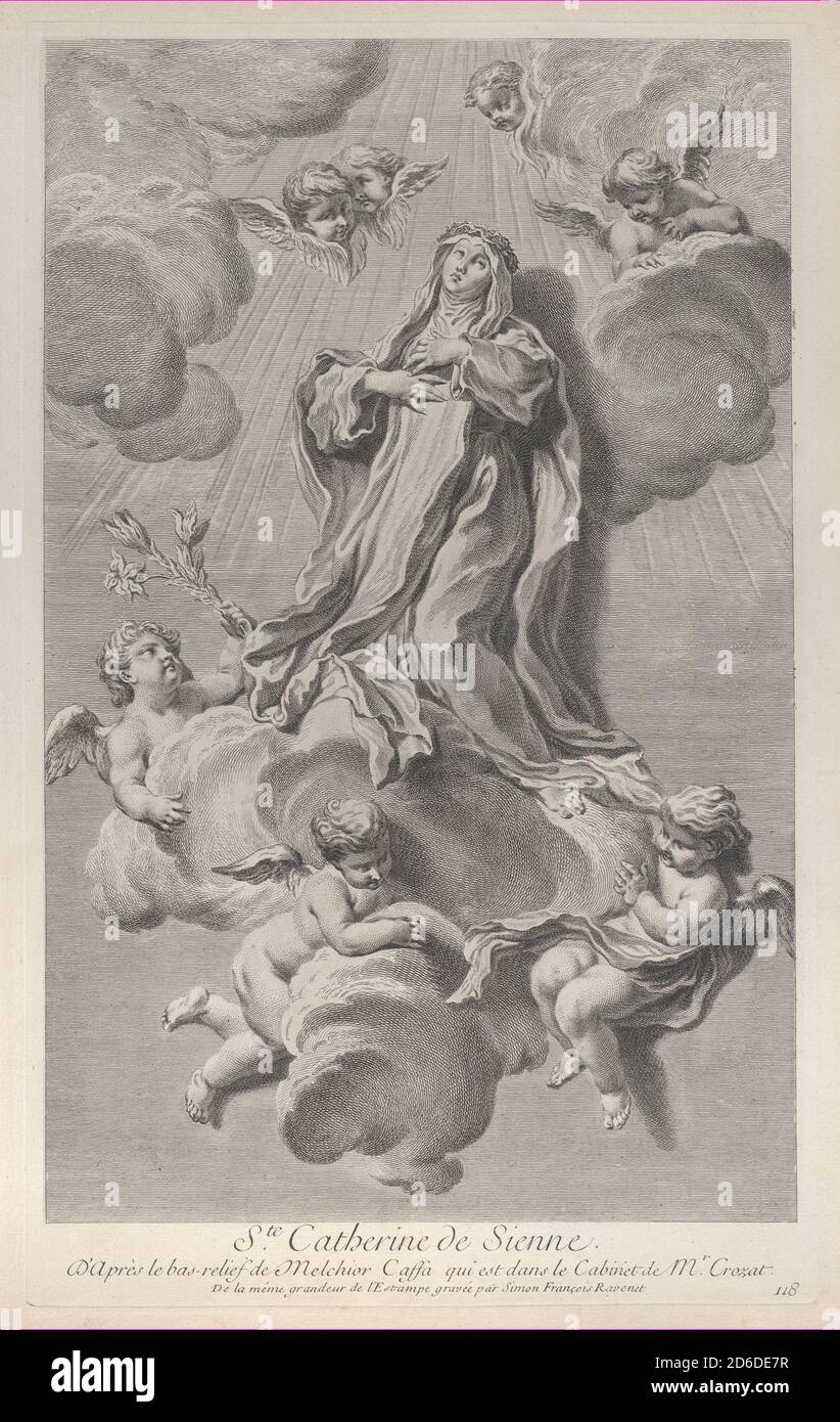 The Ecstasy of Saint Catherine of Siena, kneeling on a cloud carried by angels, one of whom holds a lily, 1729-40. Stock Photo