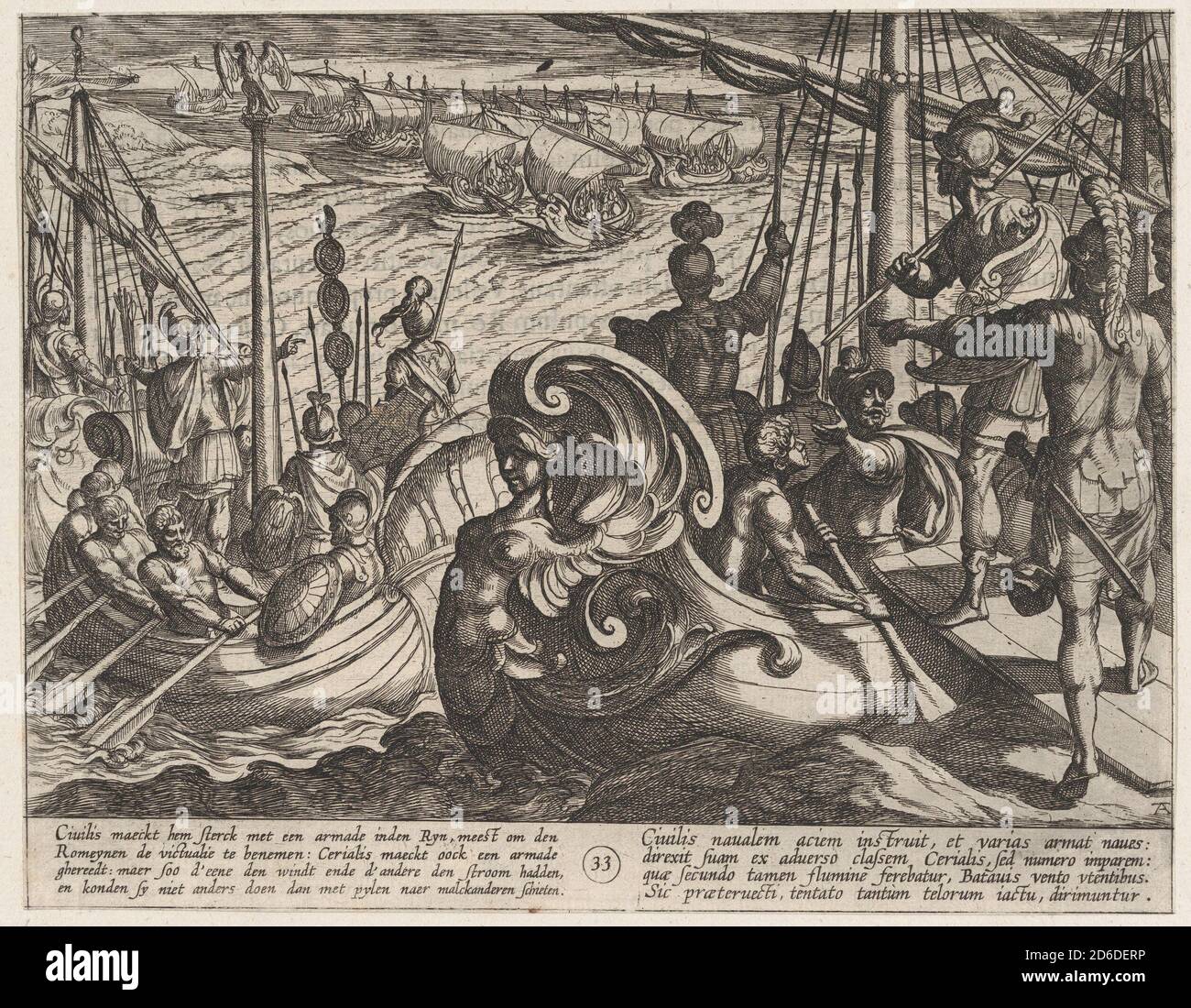 Plate 33: Dutch and Roman Flotillas on the Rhine, from The War of the Romans Against the Batavians (Romanorvm et Batavorvm societas), 1611. Stock Photo