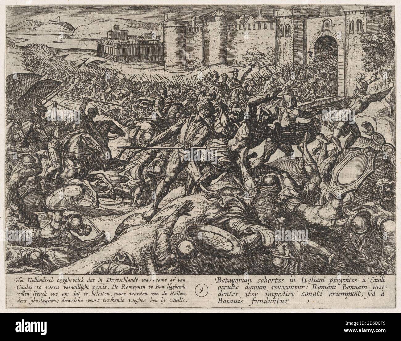 Plate 9: The Romans Defeated by the Dutch Troops at Bonna, from The War of the Romans Against the Batavians (Romanorvm et Batavorvm societas), 1611. Stock Photo