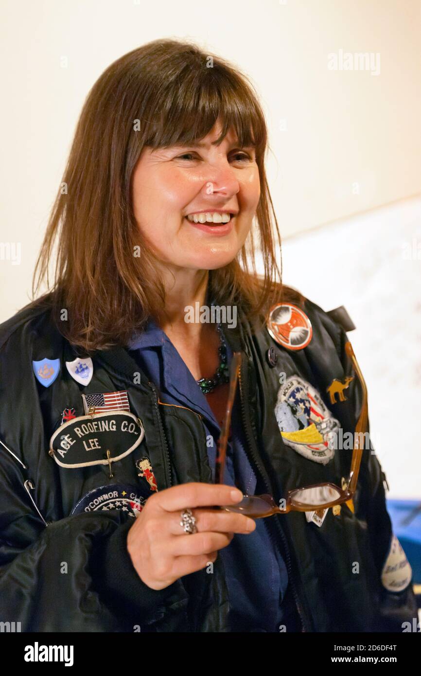 Sophie Aldred, with the  Jacket she used to play Dr Who's companion Ace, in  at the Misty Moon Gallery, Ladywell Tavern, Ladywell. Stock Photo