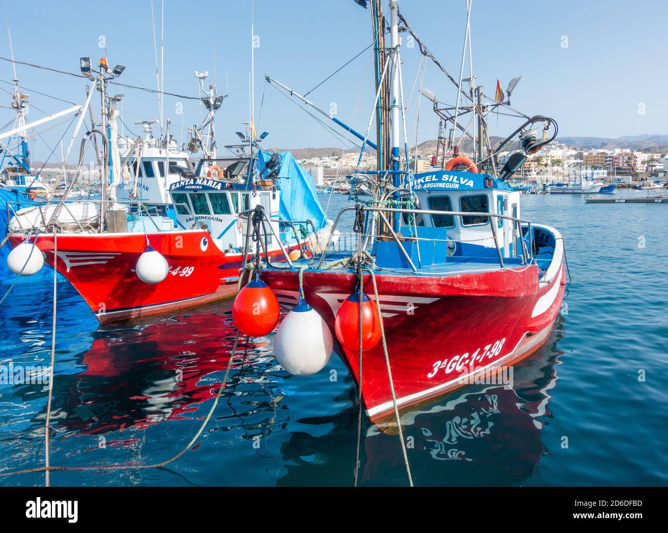 Fishing boats in harbour at Arguineguin on Gran Canaria, Canary Islands, Spain Stock Photo