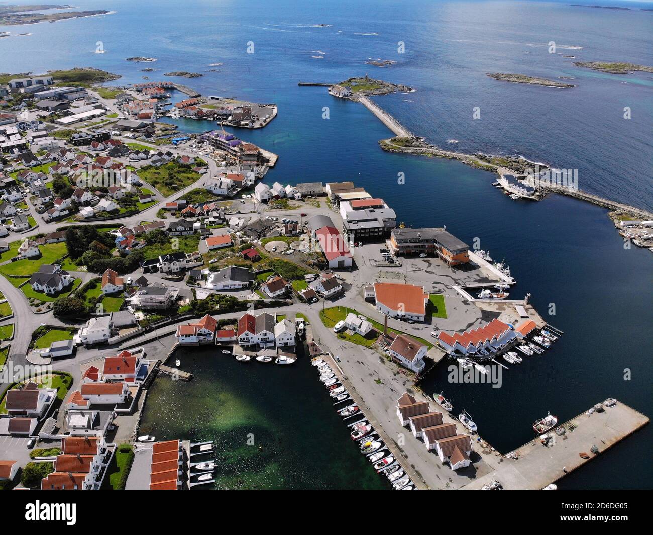 Norway Karmoy island drone view. Akrehamn harbor town aerial view. Stock Photo