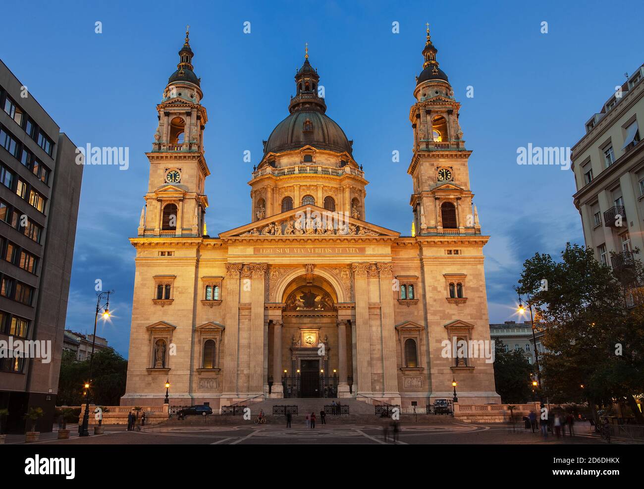 Illuminated St. Stephen's Basilica on St. Stephen's square evening shot in Pest part of Budapest, Hungary Stock Photo