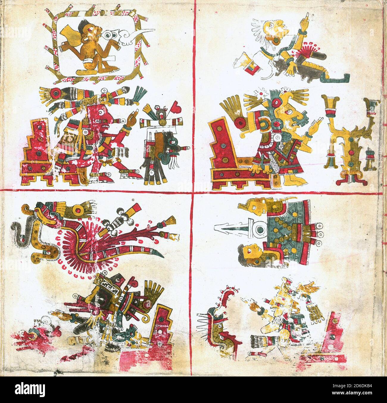 Codex Borgia. Page 9 of an 1898  facsimile edition of The Codex Borgia or Codex Yoalli Ehēcatl. The original aztec manuscript was produced some time around the Spanish Conquest of South America. Stock Photo