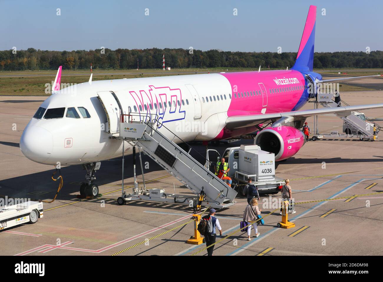 COLOGNE, GERMANY - SEPTEMBER 22, 2020: Passengers board Wizzair Airbus A321 at Cologne/Bonn Airport, Germany. Cologne/Bonn is the seventh-busiest pass Stock Photo