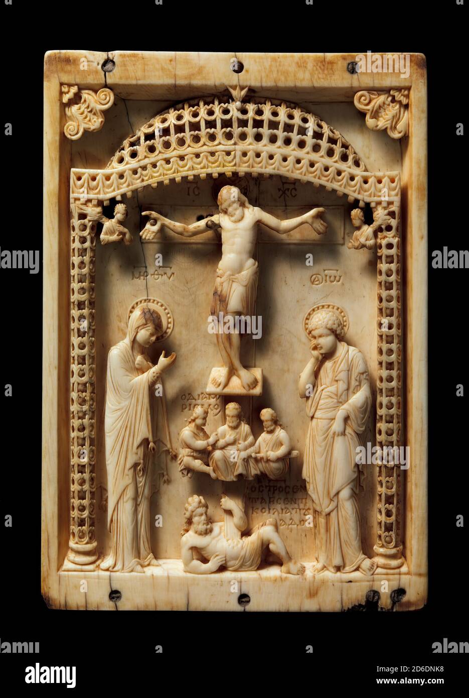 Icon with the Crucifixion, Byzantine, mid-10th century. With the Virgin and Saint John the Baptist and three soldiers. Stock Photo